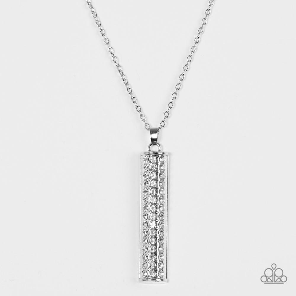 Long Silver Necklace With Rhinestone Pendant
